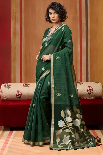 dark green art silk blend woven work saree