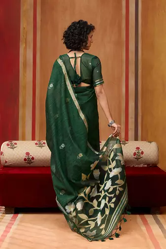 dark green art silk blend woven work saree