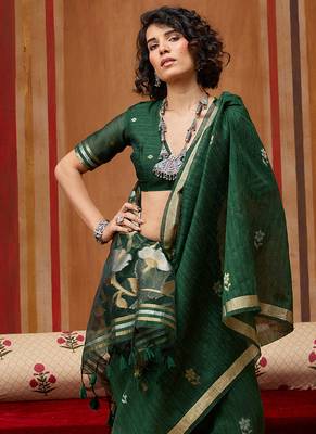 dark green art silk blend woven work saree 4