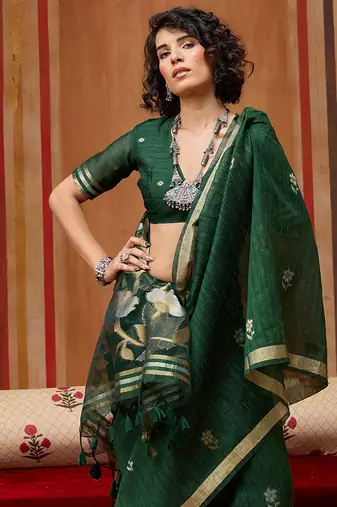 dark green art silk blend woven work saree