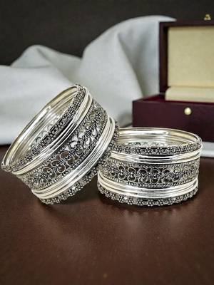 Silver oxidised set of 18 cutwork pattern bangle set 1