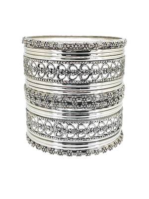 Silver oxidised set of 18 cutwork pattern bangle set 2