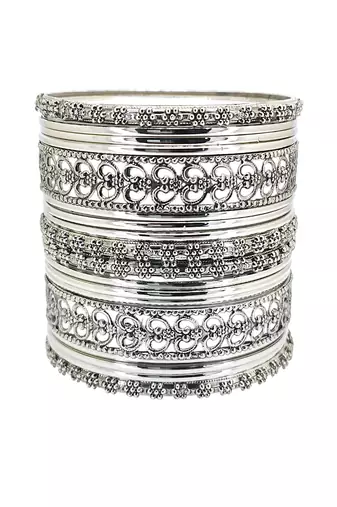 Silver oxidised set of 18 cutwork pattern bangle set