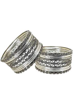 Silver oxidised set of 18 cutwork pattern bangle set 3