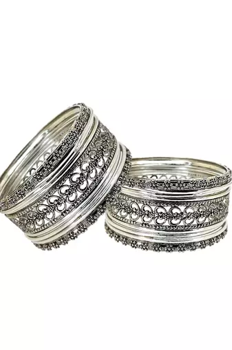 Silver oxidised set of 18 cutwork pattern bangle set