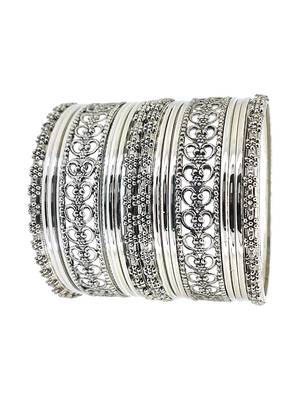 Silver oxidised set of 18 cutwork pattern bangle set 4