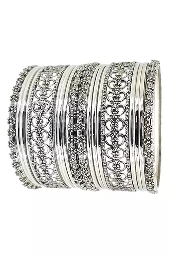 Silver oxidised set of 18 cutwork pattern bangle set
