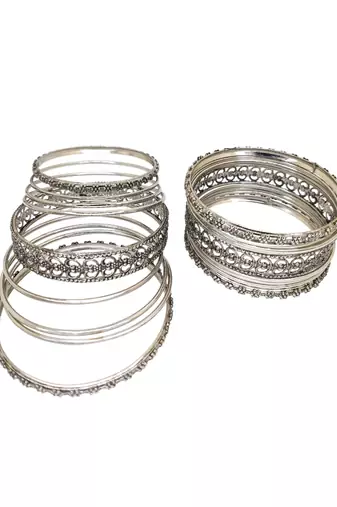 Silver oxidised set of 18 cutwork pattern bangle set