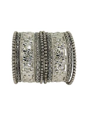 Set of 10 silver oxidised elephant motif bangles 2