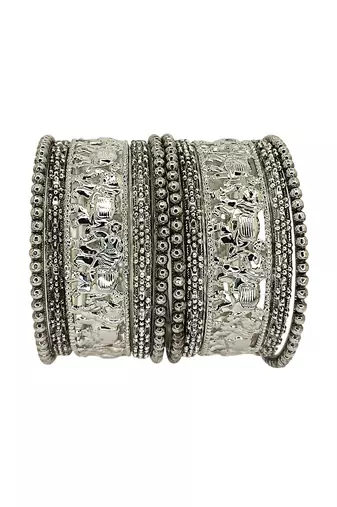 Set of 10 silver oxidised elephant motif bangles