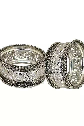 Set of 10 silver oxidised elephant motif bangles