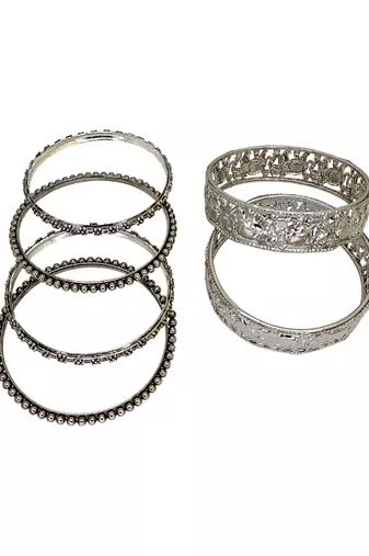 Set of 10 silver oxidised elephant motif bangles
