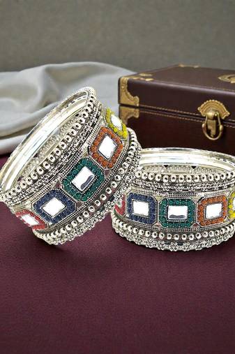 Set of 10 silver oxidised kundan multicolor chuda set