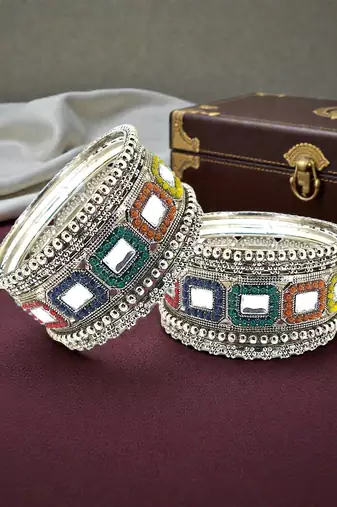 Set of 10 silver oxidised kundan multicolor chuda set