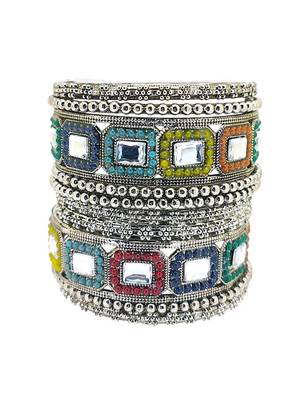 Set of 10 silver oxidised kundan multicolor chuda set 2