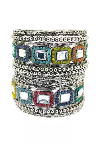 Set of 10 silver oxidised kundan multicolor chuda set