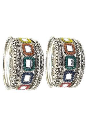 Set of 10 silver oxidised kundan multicolor chuda set 3