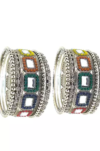 Set of 10 silver oxidised kundan multicolor chuda set