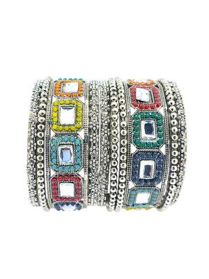 Set of 10 silver oxidised kundan multicolor chuda set 4