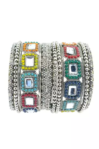 Set of 10 silver oxidised kundan multicolor chuda set