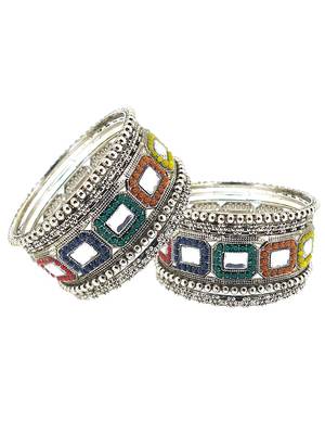 Set of 10 silver oxidised kundan multicolor chuda set 5