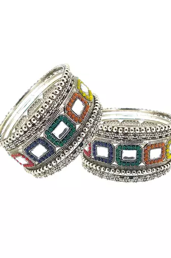 Set of 10 silver oxidised kundan multicolor chuda set