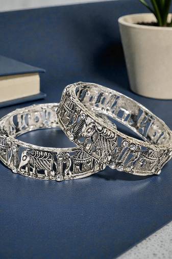 Set of 2 silver oxidised cz elephant & bride doli motif bangles