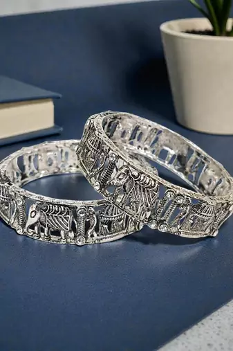 Set of 2 silver oxidised cz elephant & bride doli motif bangles