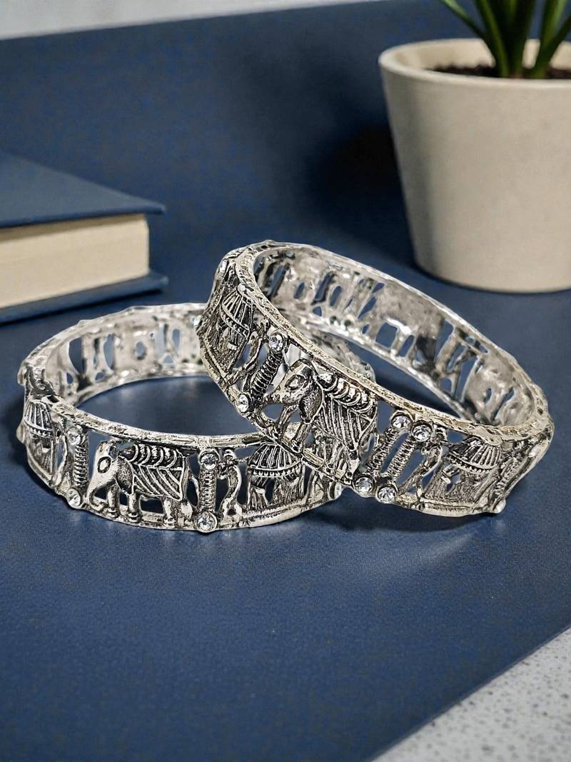 Set of 2 silver oxidised cz elephant & bride doli motif bangles