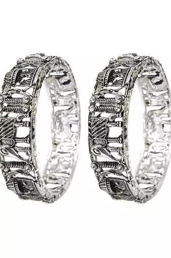 Set of 2 silver oxidised cz elephant & bride doli motif bangles