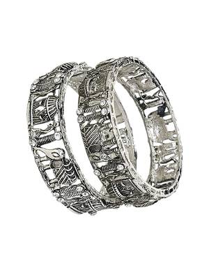 Set of 2 silver oxidised cz elephant & bride doli motif bangles 3