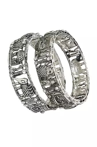 Set of 2 silver oxidised cz elephant & bride doli motif bangles