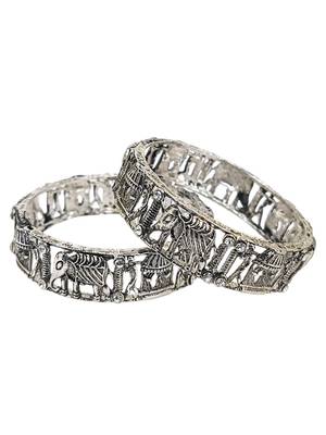Set of 2 silver oxidised cz elephant & bride doli motif bangles 4