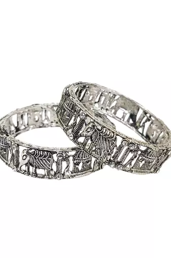 Set of 2 silver oxidised cz elephant & bride doli motif bangles