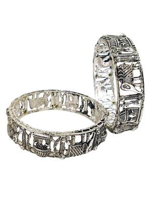 Set of 2 silver oxidised cz elephant & bride doli motif bangles 5