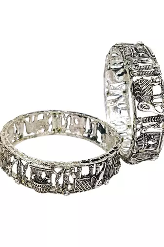 Set of 2 silver oxidised cz elephant & bride doli motif bangles