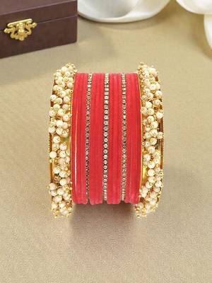 Set of 17 gold plated cz pink velvet bridal chuda set 1