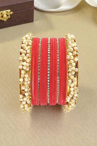 Set of 17 gold plated cz pink velvet bridal chuda set