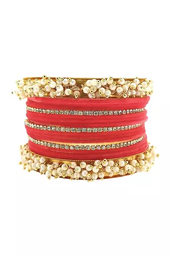 Set of 17 gold plated cz pink velvet bridal chuda set