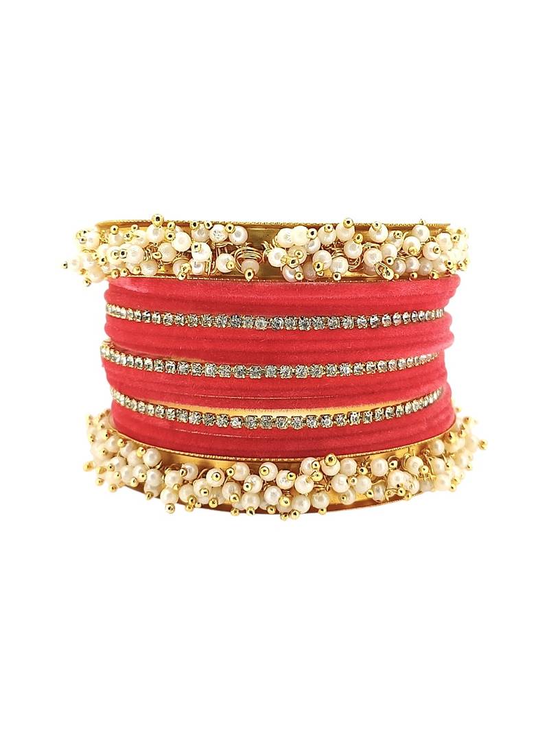 Set of 17 gold plated cz pink velvet bridal chuda set