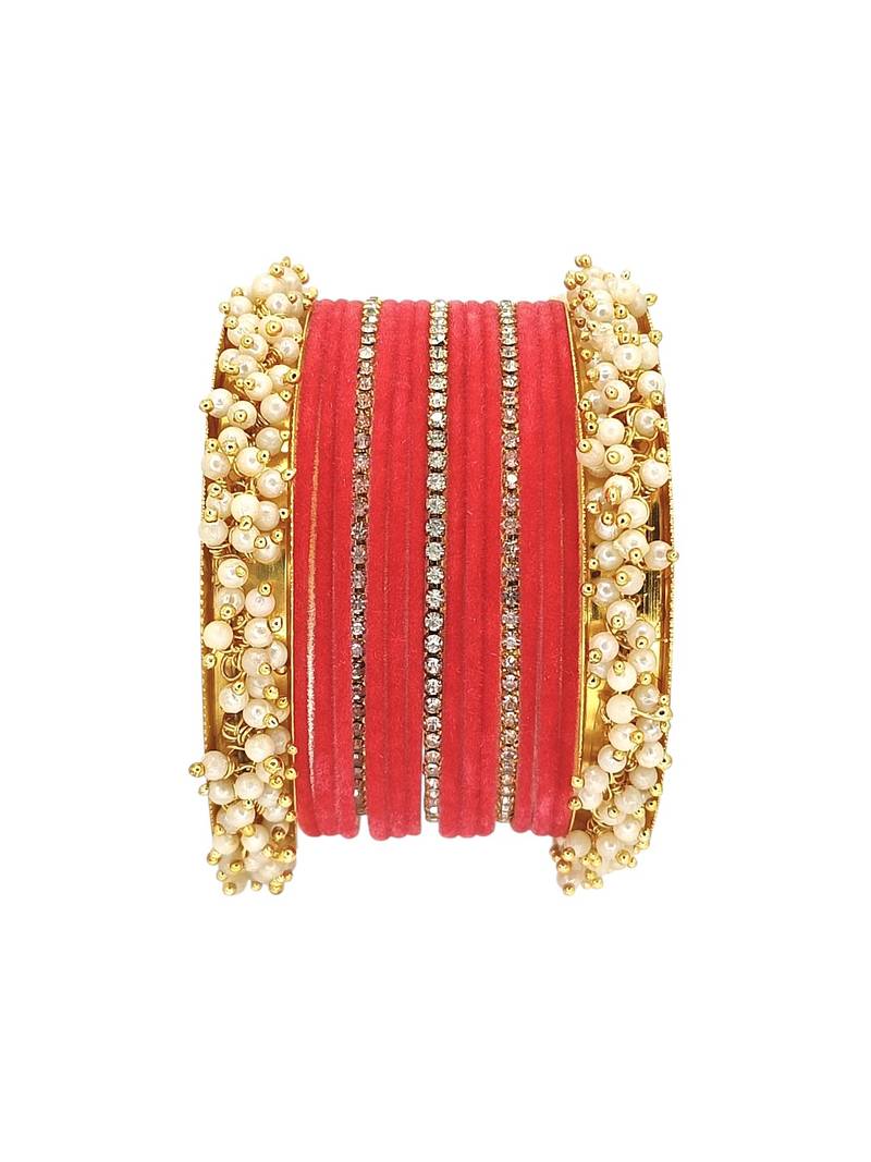 Set of 17 gold plated cz pink velvet bridal chuda set