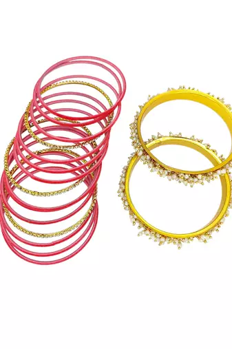 Set of 17 gold plated cz pink velvet bridal chuda set