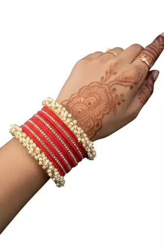 Set of 17 gold plated cz pink velvet bridal chuda set