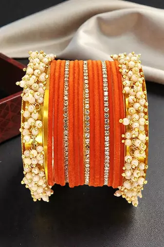 Set of 17 gold plated cz orange velvet chuda set