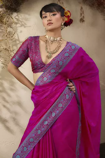rani pink woven kanjivaram art silk blend saree