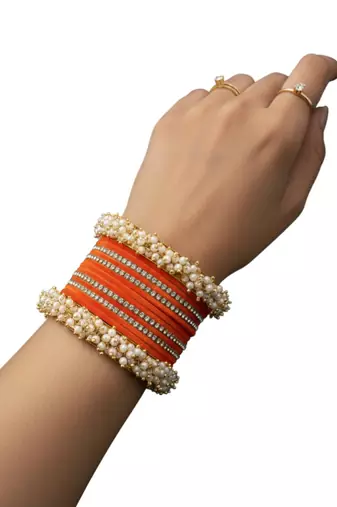 Set of 17 gold plated cz orange velvet chuda set