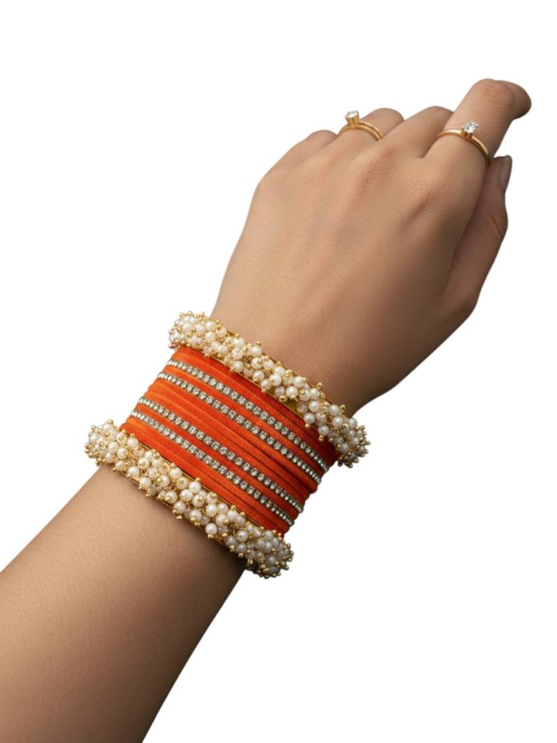 Set of 17 gold plated cz orange velvet chuda set