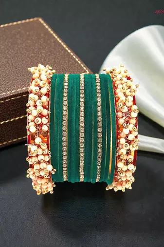 Set of 17 gold plated cz green velvet chuda set