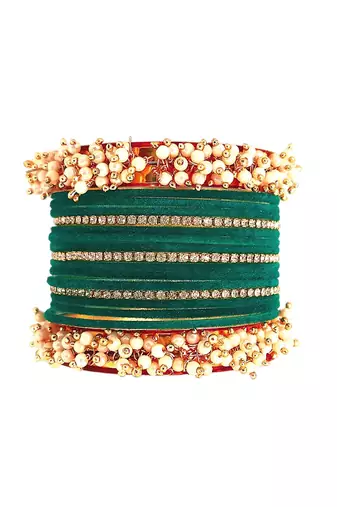Set of 17 gold plated cz green velvet chuda set