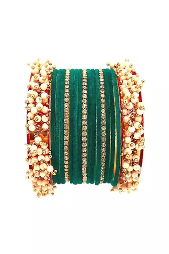 Set of 17 gold plated cz green velvet chuda set